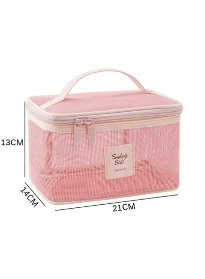 Ramadan's Practical Gem – Pink Soft Mesh Makeup & Toiletry Bag, Lightweight Portable Organizer with Handle & Zipper for Women - Image 3